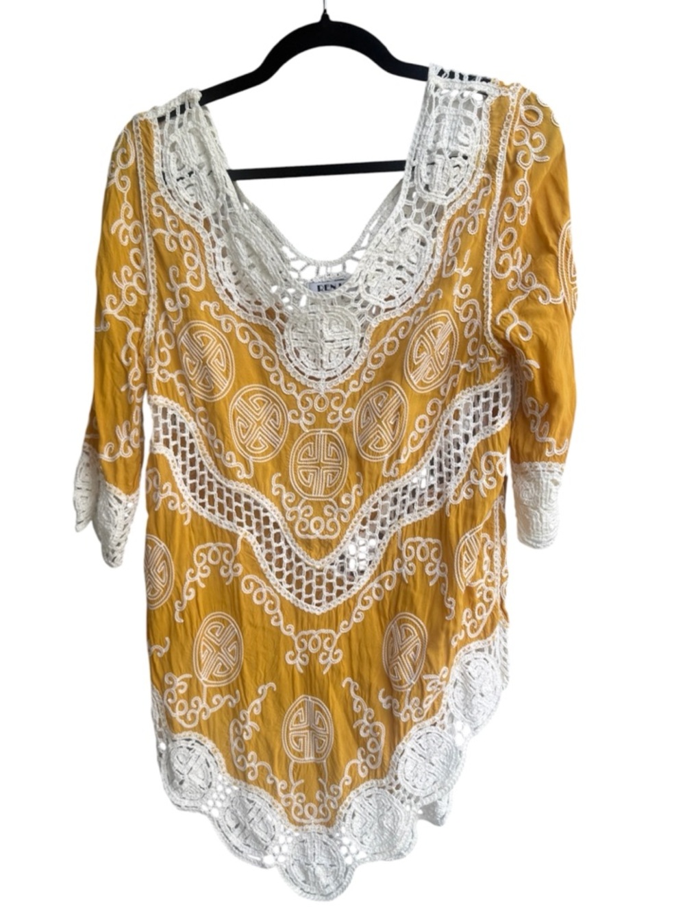 Renjo Size Small Boho Crochet Trim Tunic Swimsuit Coverup Mustard Yellow